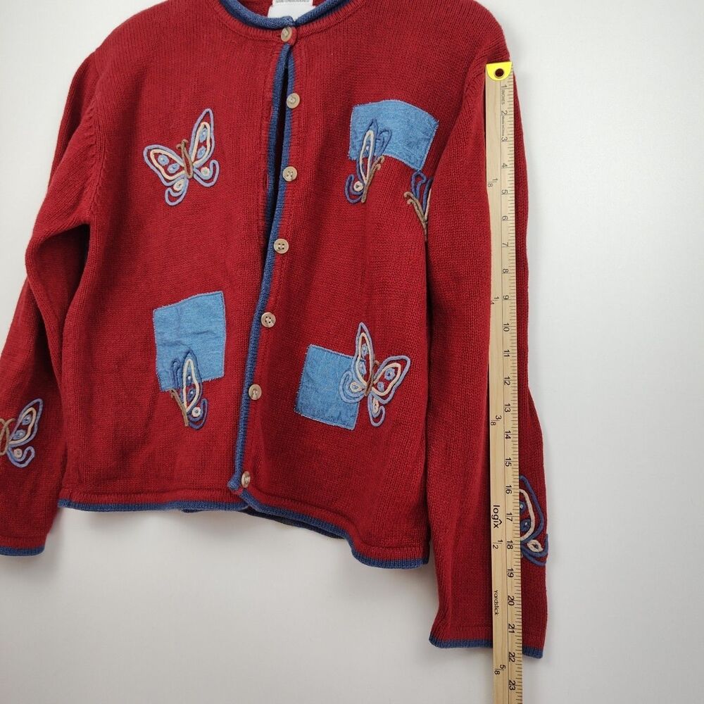 Christopher & Banks Hand Embroidered Cardigan, women's L, dark red, butterflies - Picture 6 of 9
